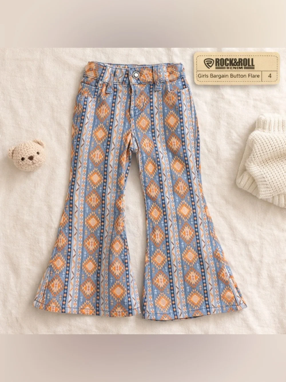 Rock &‎ Roll Denim Girls Aztec Flare Jeans Size 4 Boho Western Bell Bottom Pants